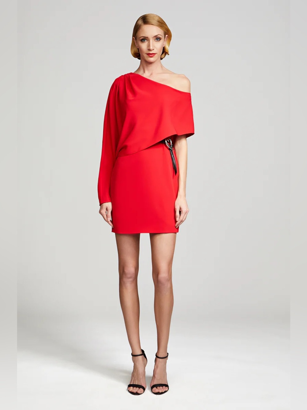Halston Deja Red Crepe Cady Mini Dress with Draped Cape